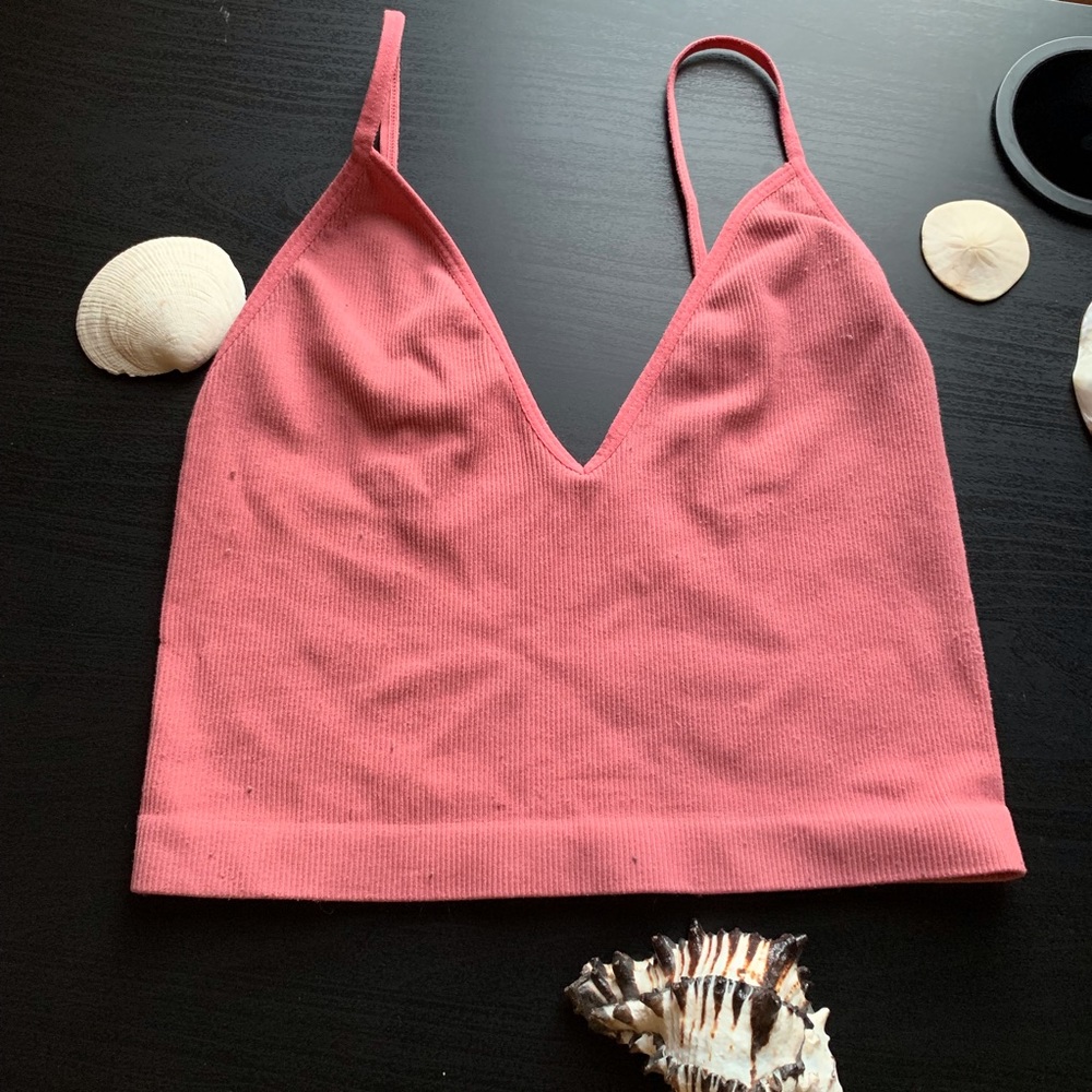 Ribbed Pink Deep V Cut Top